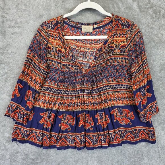 Anthropologie Tops - Anthropologie Shirt Womens Large Blue Orange Elephant Print Boho Peasant Top